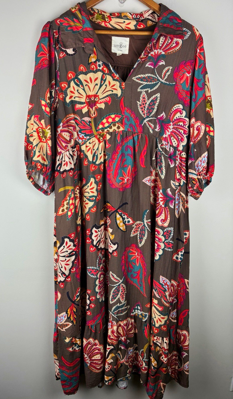 Umgee M Boho Floral Maxi Dress Brown Artsy Folk Fall Hooded Balloon Sleeve
